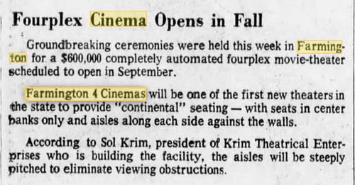 Farmington 4 Cinemas - JUNE 3 1972 ANNOUCEMENT